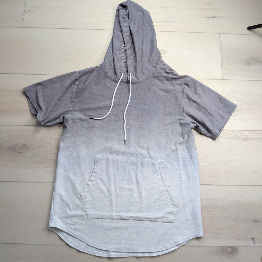 Elwood Ombre Dip Dye‎ Short Sleeve Hoodie Mens L Grey White Curved Hem EMT029356